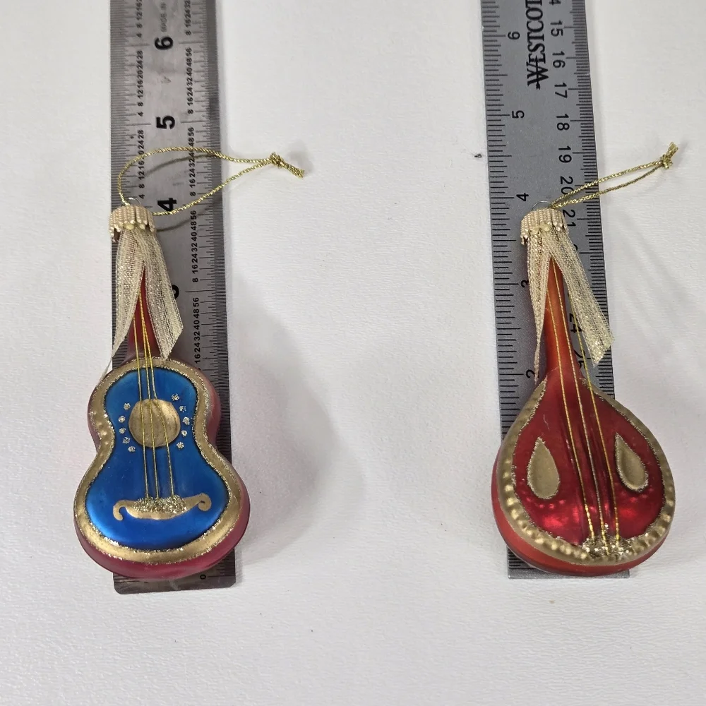VTG Mercury Glass Hand Painted Mandolin Music Instruments Guitars ‎ Red Blue MCM